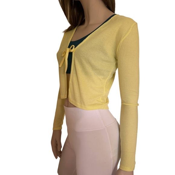 PrettyLittleThing Cardigan Sweater Yellow Lightweight Long Sleeve Front Tie NWOT - Picture 4 of 12